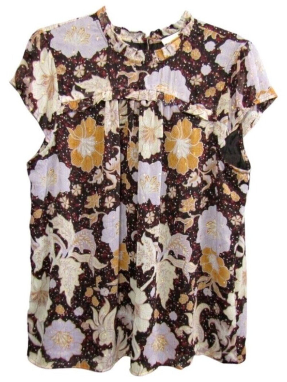 Christian Siriano Black Floral Top Womens Size XL Cap Sleeve Lined Gold Thread